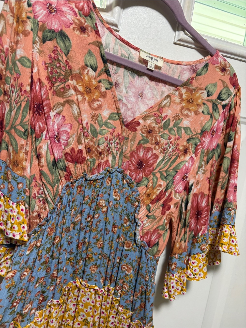 Umgee Peach, Blue & Yellow Patchwork Midi Dress - Picture 4 of 7